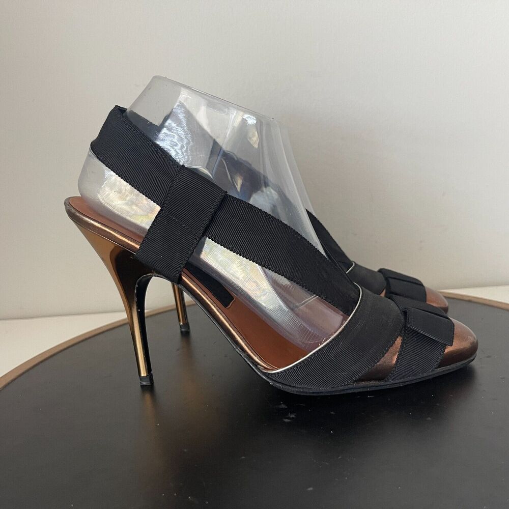 Lanvin Slingback Heels Women 38.5 Stiletto Bronze Black Hiver Quiet Luxury